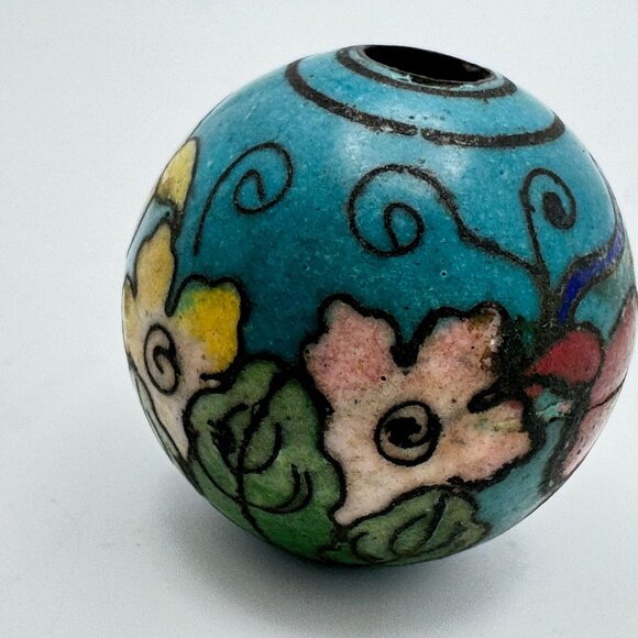 Cloisonné Floral Vtg Bead Hand-Painted Enamel Design Blue Red Yellow Green 24mm - Picture 5 of 7